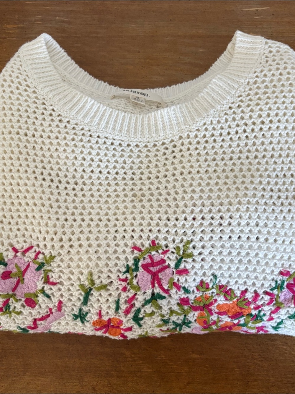 Cream Embroidered Floral Short-Sleeve Crewneck Sweater